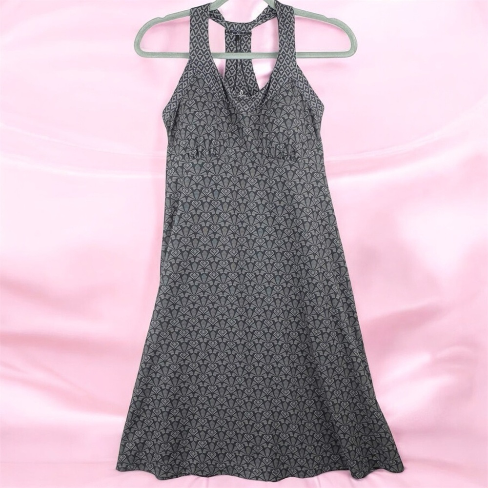 Prana Black & Gray Babydoll Geo Patterned Midi Halter Dress Built In Bra Small